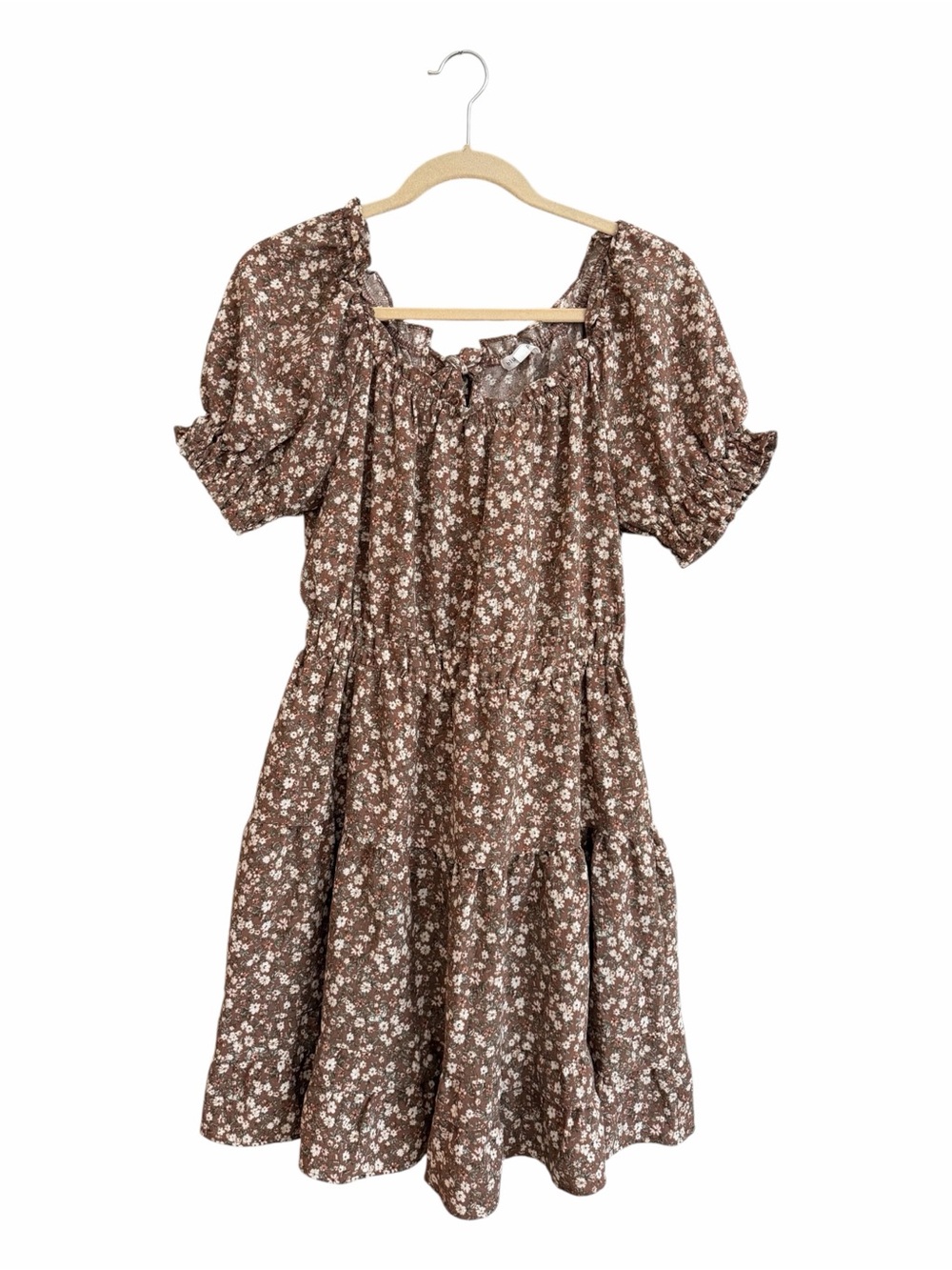 Blu Pepper Brown White Floral Puff-Sleeve Mini Dress Size Medium